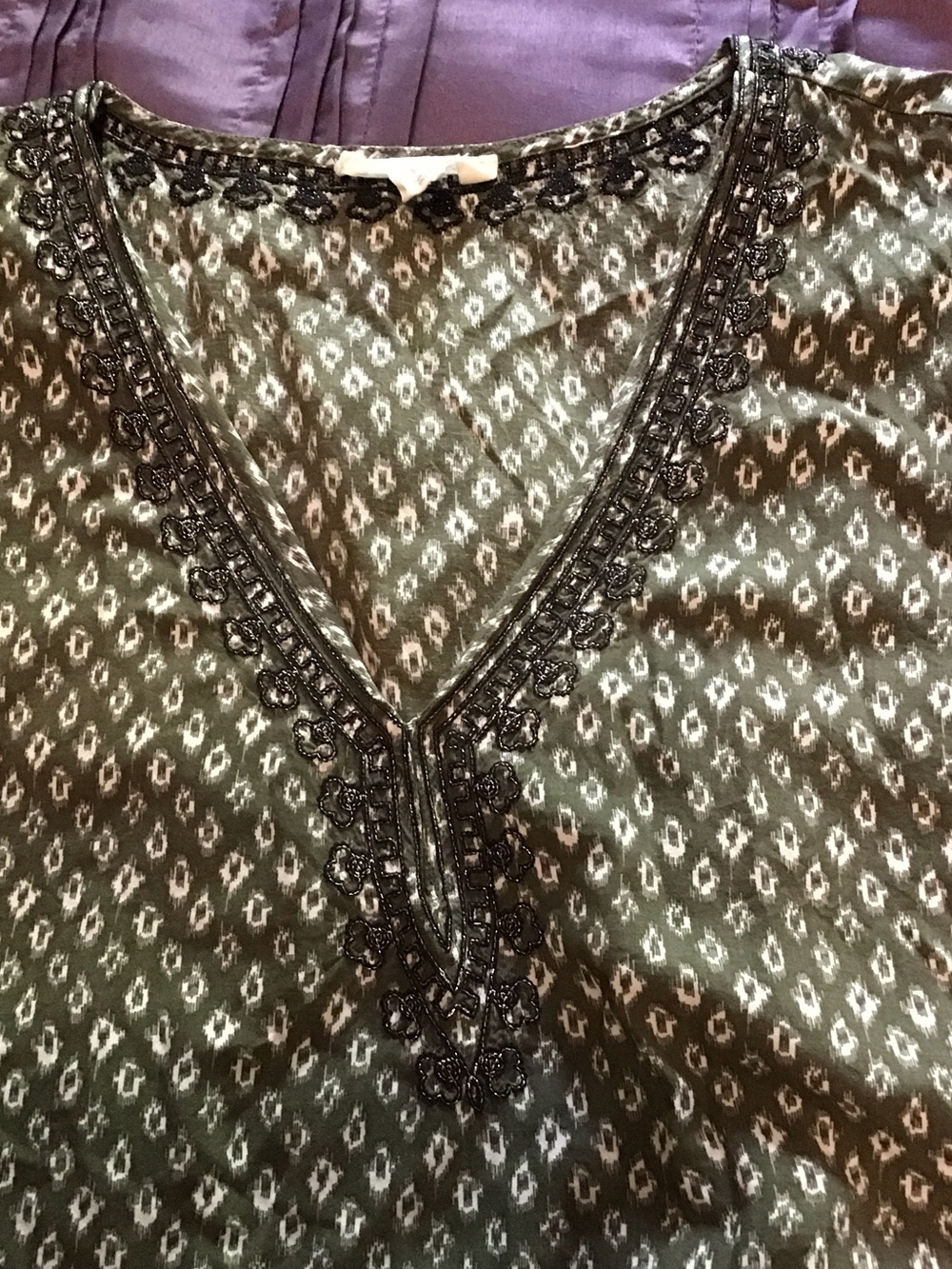 Gray Printed V-Neck Tunic with Embellished Trim